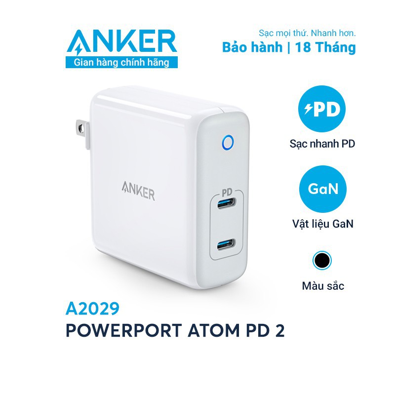 Củ Sạc Nhanh ANKER PowerPort Atom PD 2 60W 2 Cổng PD A2029 - Hàng Chính Hãng