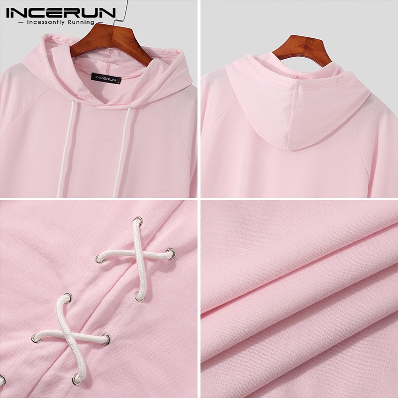 INCERUN Áo Hoodie Dây Rút Ngắn Tay Thời Trang Trẻ Trung Cho Nam