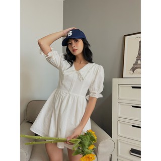 Đầm xòe Shebyshj cổ sen nhọn phối ren màu trắng - Kaila Dress