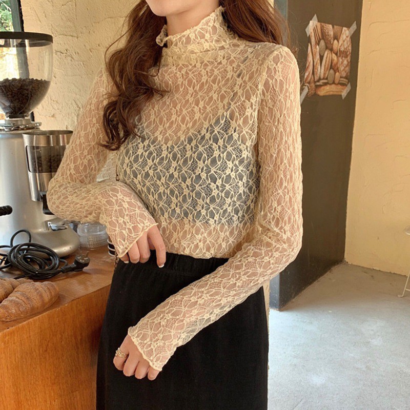 Áo Lưới Cổ Lọ Tay Dài Sexy