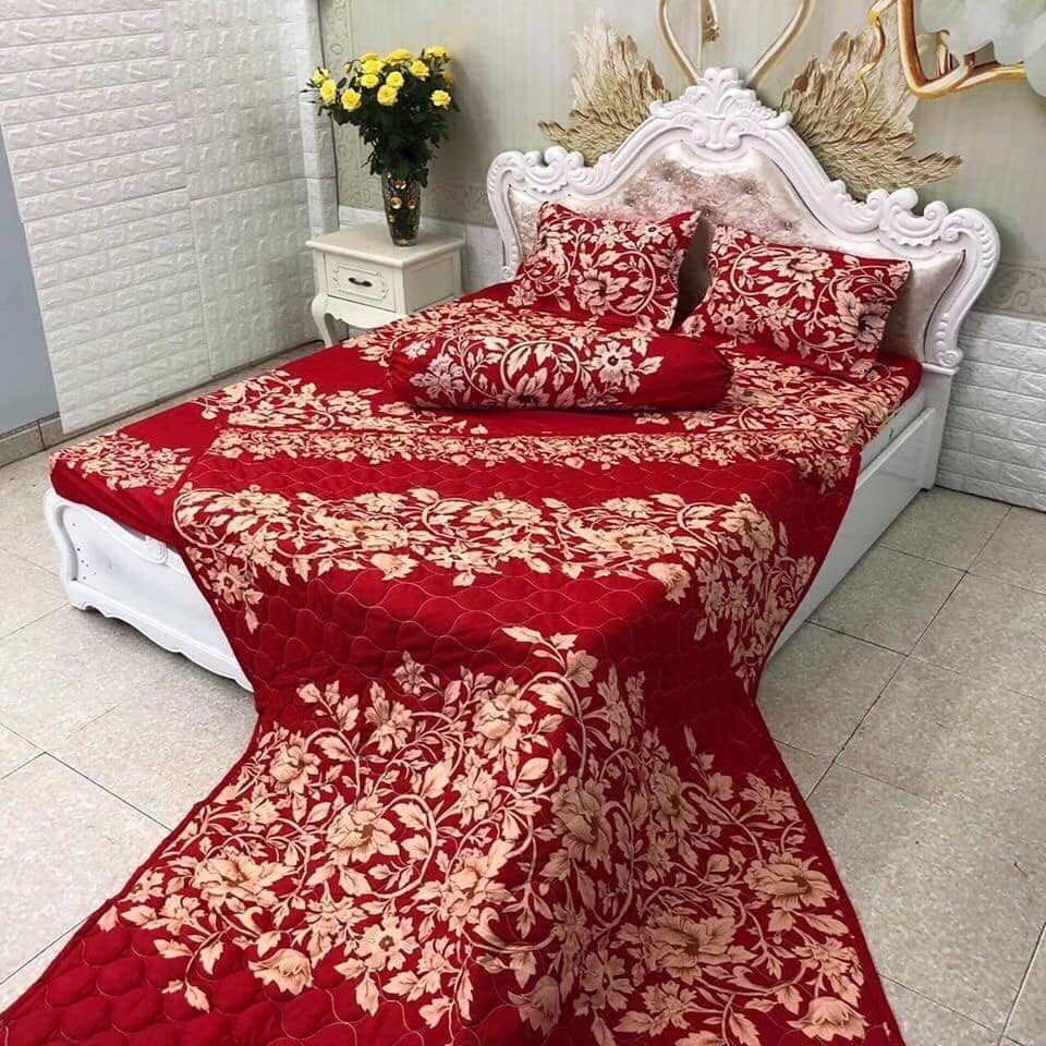 Sét Chăn Ga Gối 5 Món Cotton Poly Emmidecor Mẫu Hoa Móc đỏ