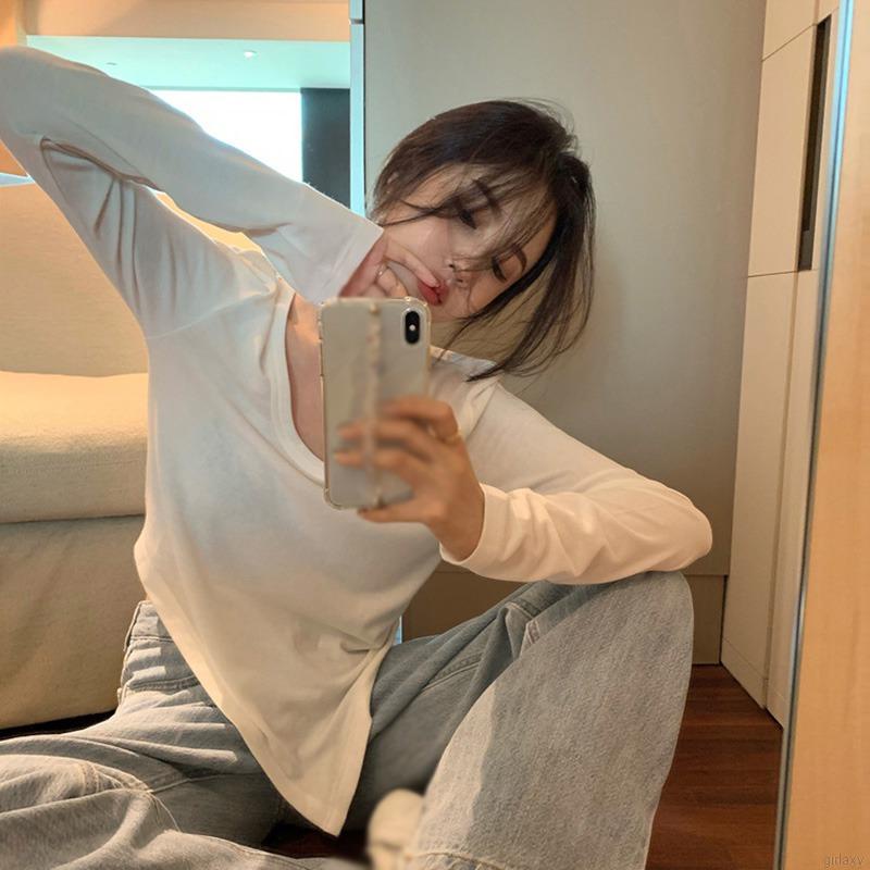 Áo Thun Tay Dài Cổ Tròn Dáng Rộng Màu Sắc Đơn Giản Phong Cách Hàn Quốc