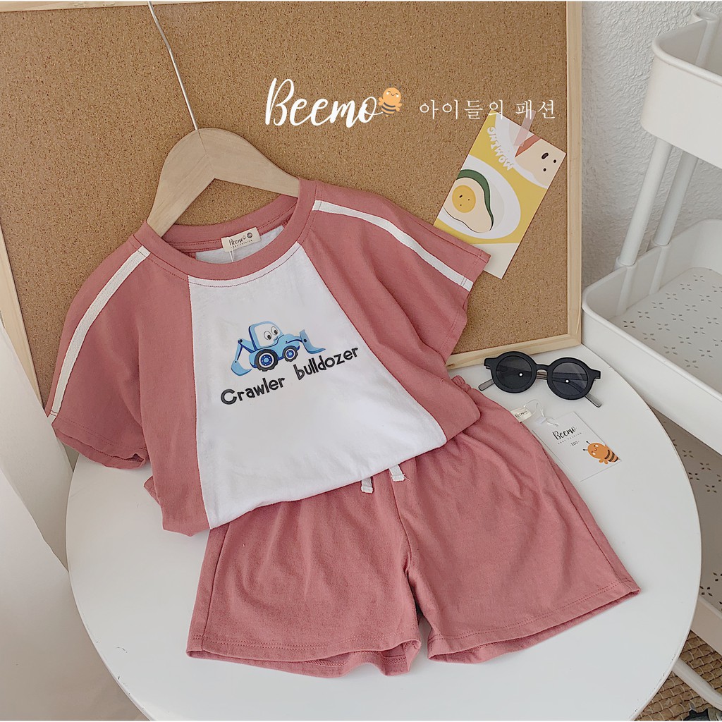 Bộ cotton hoạ tiết xe cần cẩu cho bé, set đồ mặc nhà  unisex  đẹp mát