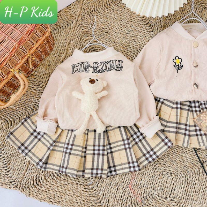 [Xả hàng] Set 2 chi tiết gồm váy kẻ xếp ly kèm áo cài cúc nhung tăm mềm mại, Set váy kẻ áo thu đông cho bé gái