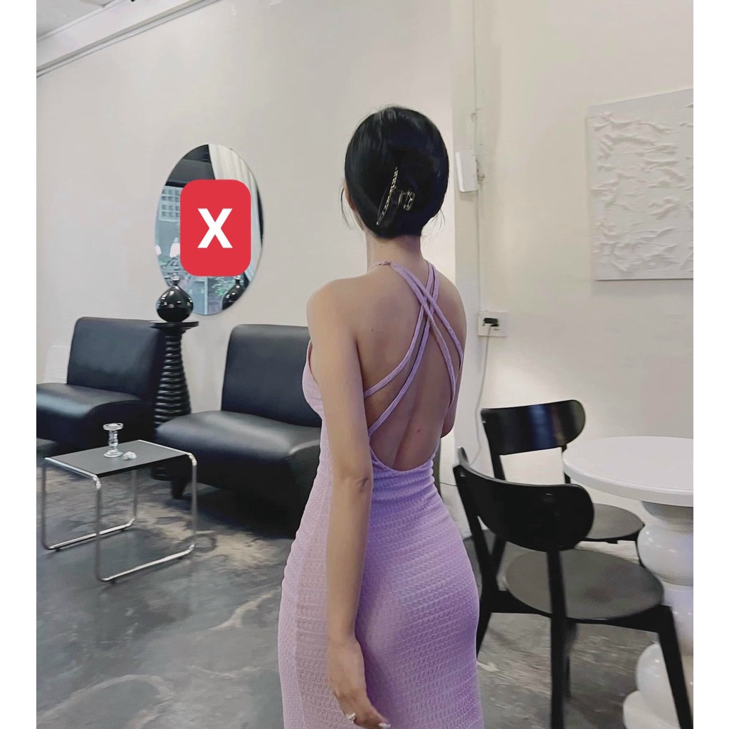 Đầm body dáng dài cổ yếm hở lưng phối 4 dây chéo lưng sexy chất thun xốp MS70