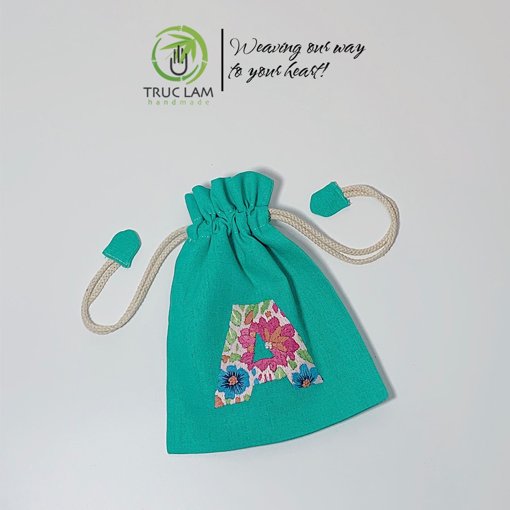 Túi Dây Rút Thêu Tay Họa Tiết Chữ Cái A Phối Hoa Văn Nhiều Màu Sắc - Trúc Lâm Handmade