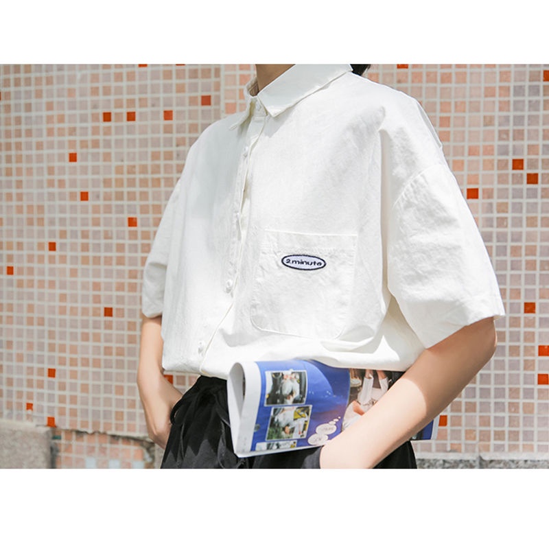 Áo sơ mi tay ngắn màu trơn phong cách retro thời trang xinh xắn cho nữ