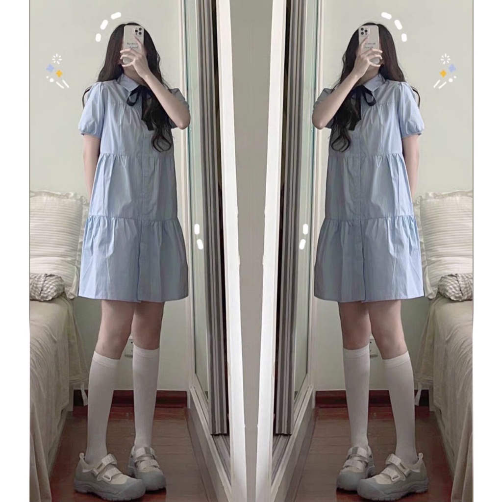 Đầm sơ mi cổ đức 3 tầng dáng xòe - Váy babydoll cổ sơ mi kèm nơ ulzzang