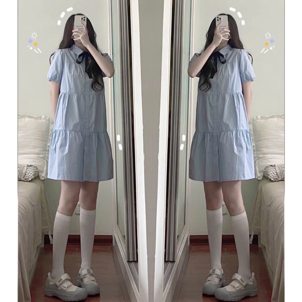 [Ảnh thật/Sẵn] Đầm sơ mi cổ đức 3 tầng dáng xòe - Váy babydoll cổ sơ mi kèm nơ ulzzang