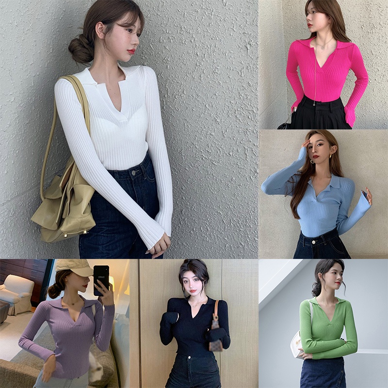 Áo dệt kim tay dài màu sắc thanh lịch