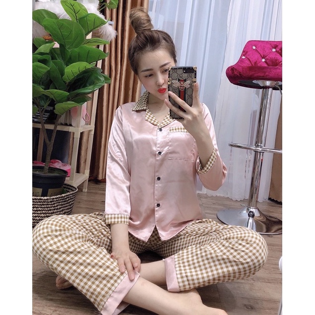 BỘ PHI LỤA TAY DÀI PHỐI KẺ CARO có túi quần