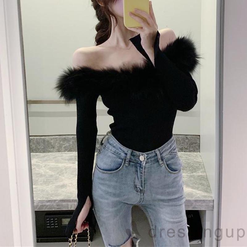 Áo len tay dài cổ thuyền màu trơn phối lông thời trang dành cho nữ