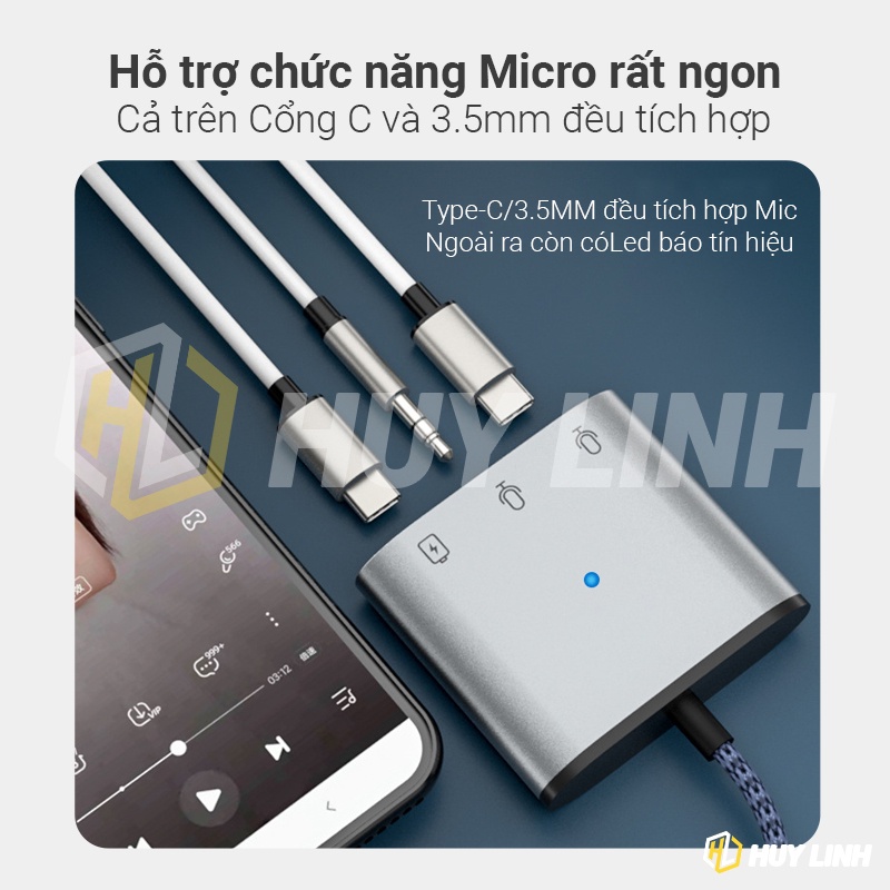 Bộ hub chuyển 3 IN 1 từ Type-C ra Type-C / 3.5mm / PD 60W hỗ trợ Mic đàm thoại MH-335 có đèn báo tín hiệu