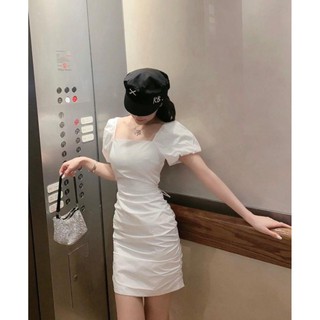 ĐẦM TRẮNG CỔ VUÔNG ĐAN LƯNG RÚT DÂY