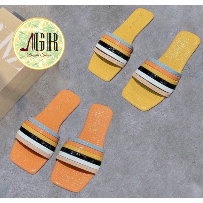 Dép 6 dây rằn da bóng phối màu sáng