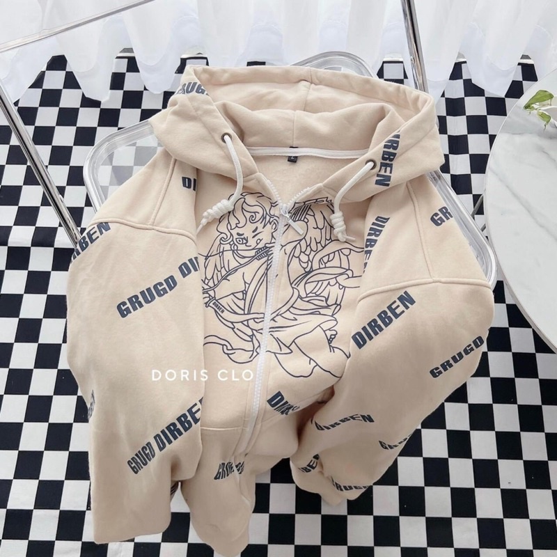 [sẵn] Áo Khoác Nỉ Mũ Zip Kéo Khoá Thiên Thần DIRBEN Tay Phồng From Rộng Unisex Ảnh Thật