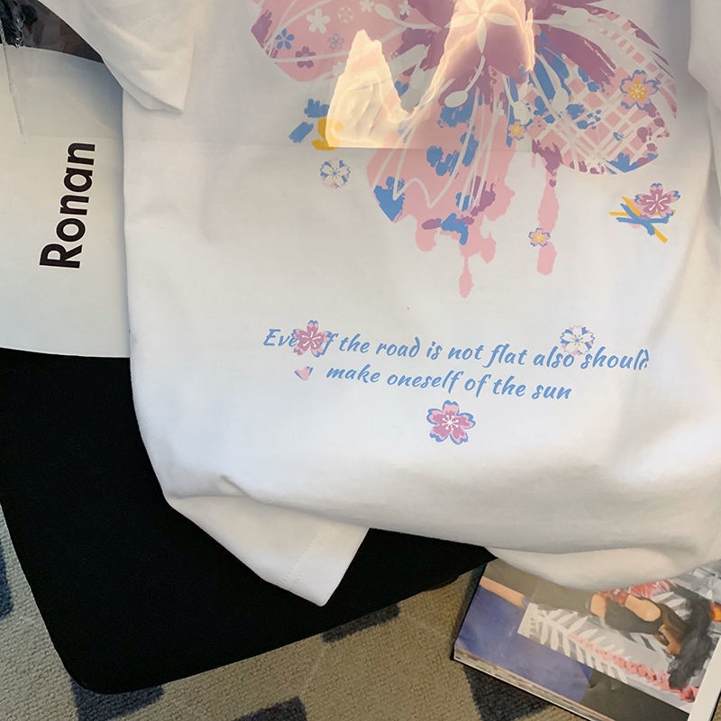 Áo Thun Tay Ngắn Dáng Rộng Họa Tiết Hoa Thời Trang Mùa Hè Phong Cách Hàn Quốc Mới Cho Nữ