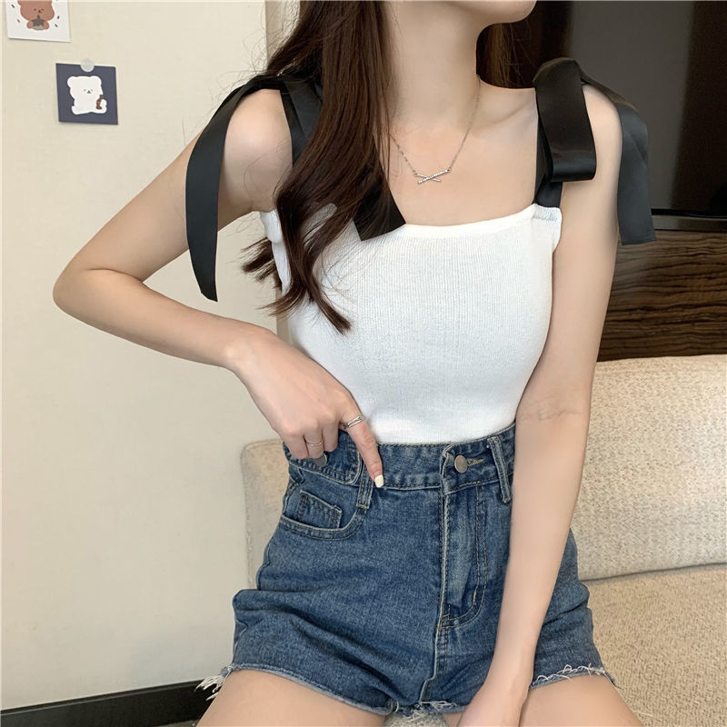 Áo hai dây nữ bản to áo 2 dây nơ dáng croptop phong cách tiểu thư
