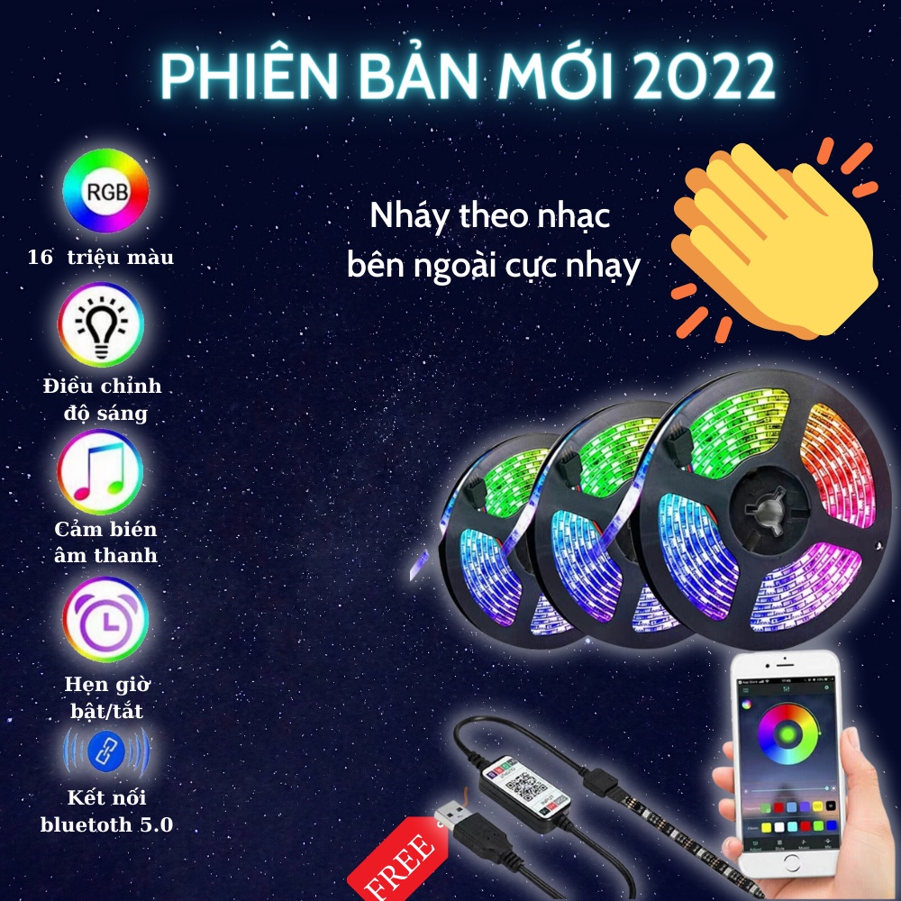 Đèn led Tiktok 5m RGB nháy theo nhạc 16 triệu màu điều khiển bằng điện thoại, đèn led dán tường tặng remote điều khiển