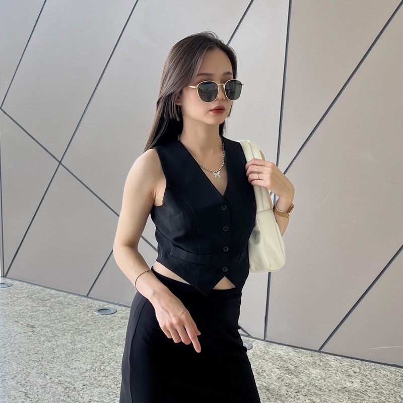Áo gile nữ 2 lớp cổ V hàng thiết kế Huien Design phong cách Hàn Quốc, form rộng có cơi túi