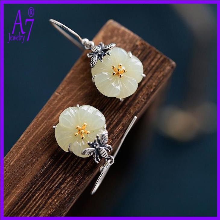 Bông Tai Bạc A7 S925 Hình Ong Đính Đá Ngọc Bích Màu Sắc Vintage Cho Nữ