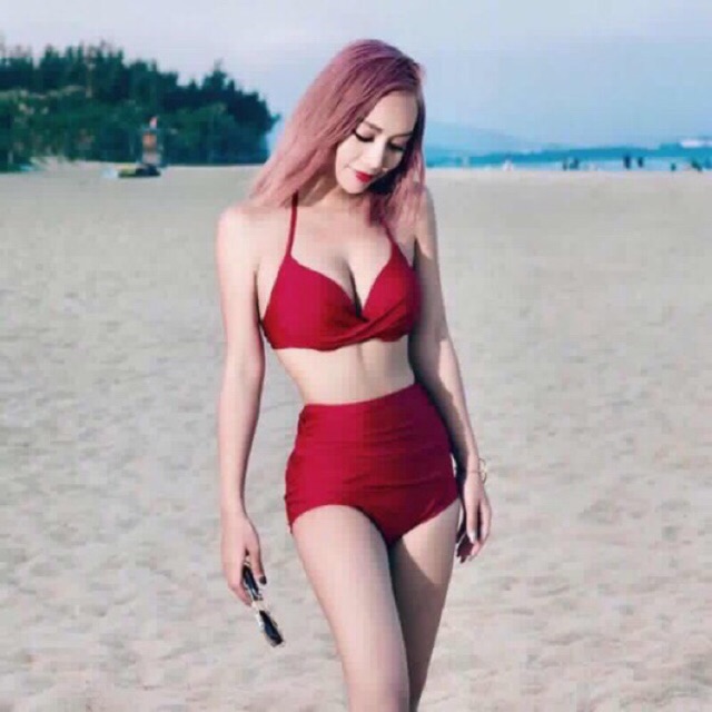 Set bikini đi biển 2 mảnh áo tắm nâng ngực- Đồ bơi nữ quần cạp cao che bụng kín đáo- shopnabi