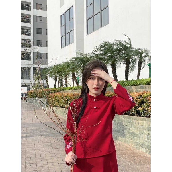 Set áo cổ tàu đính trai tay thêu hoa, chân váy xòe vnt0122b01 by germe