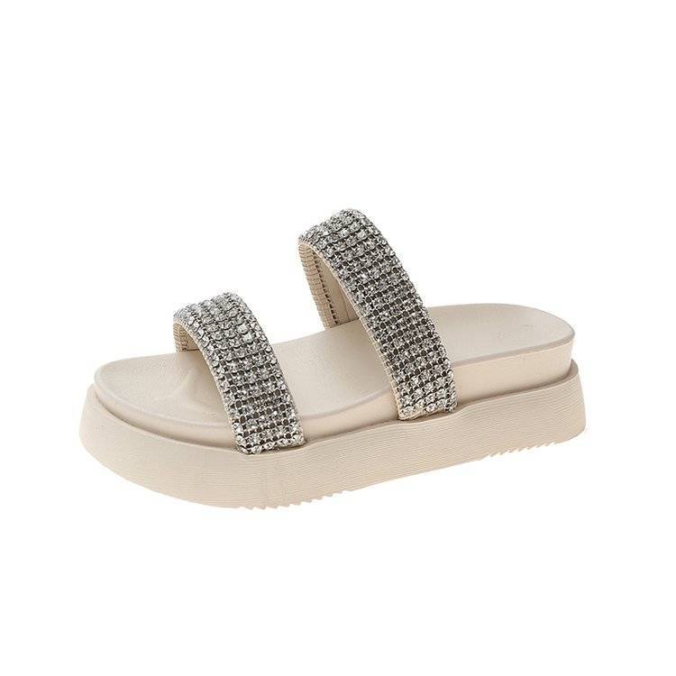 Dép Sandal Đế Dày 5Cm Đính Đá Thời Trang Đi Biển Phong Cách Hàn Quốc Cho Nữ