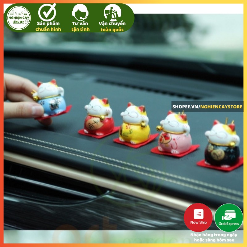 Phụ kiện bộ 5 mèo sứ chiêu tài, hút khách, trang trí tiểu cảnh, ô tô, bàn làm việc