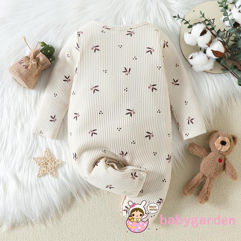 Bộ Áo Liền Quần Tay Dài Cổ Tròn Cài Nút In Hoa Thời Trang Xuân Thu Cho Bé 0-12 Tháng Tuổi