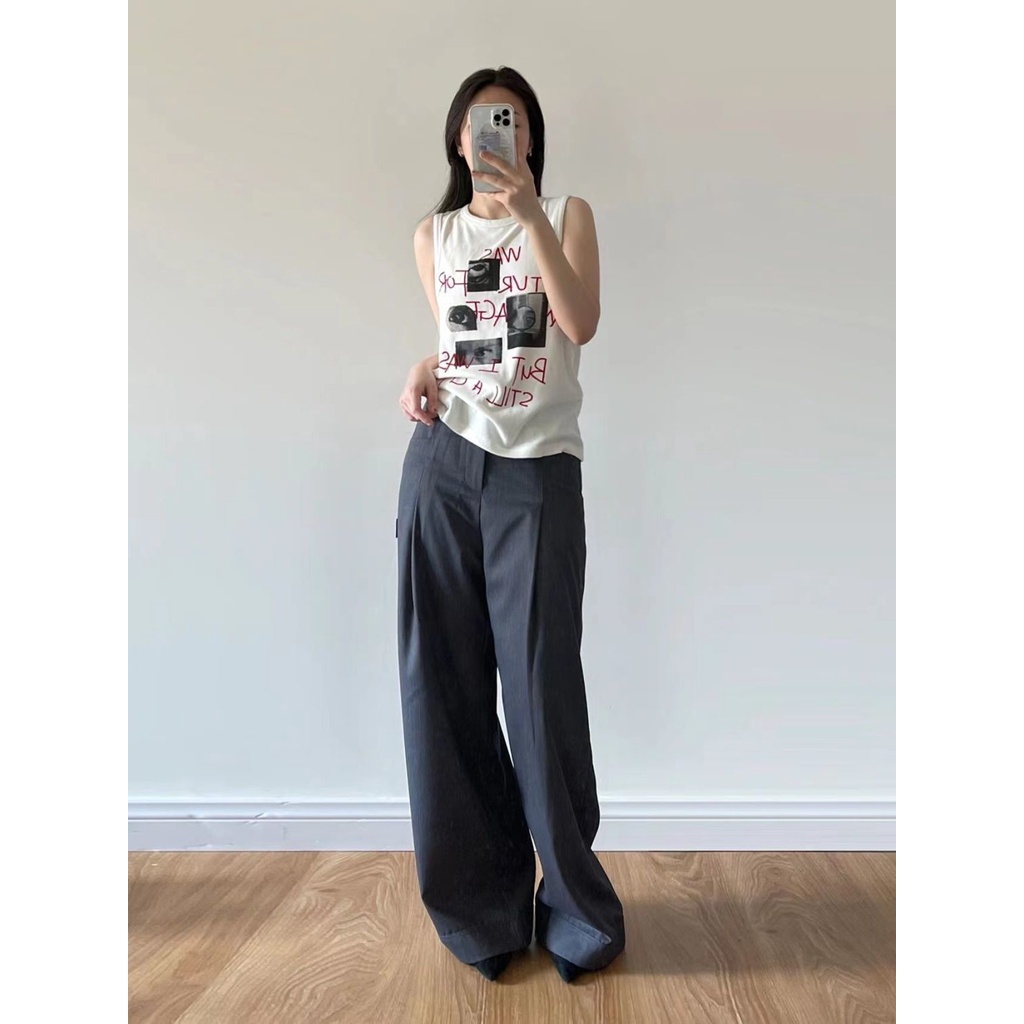 ♘⊕❇Áo Thun Sát Nách Cổ Tròn Dáng Rộng Họa Tiết Kẻ Sọc Thời Trang Retro Mỹ Cho Nữ