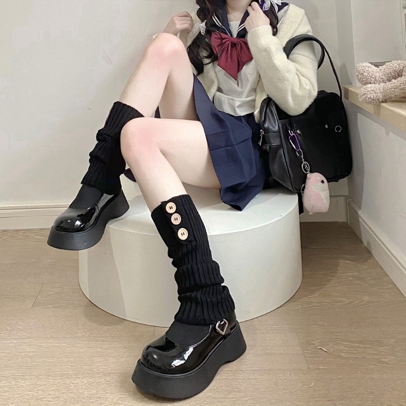 Vỏ Bọc Giày Bốt Đi Học Dệt Kim Có Gân Và Nút Phong Cách Gothic Harajuku Preppy Lolita Lidu12 Cho Nữ