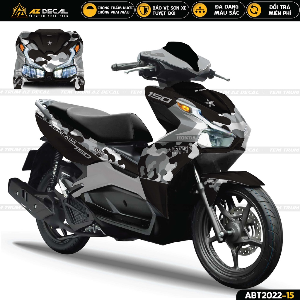 Tem Trùm Xe Airblade Phong Cách Camo Đẹp | ABT2022-15 | Decal Dán Xe AB Đẹp Đen Đỏ, Đen Trắng, Đen Xanh