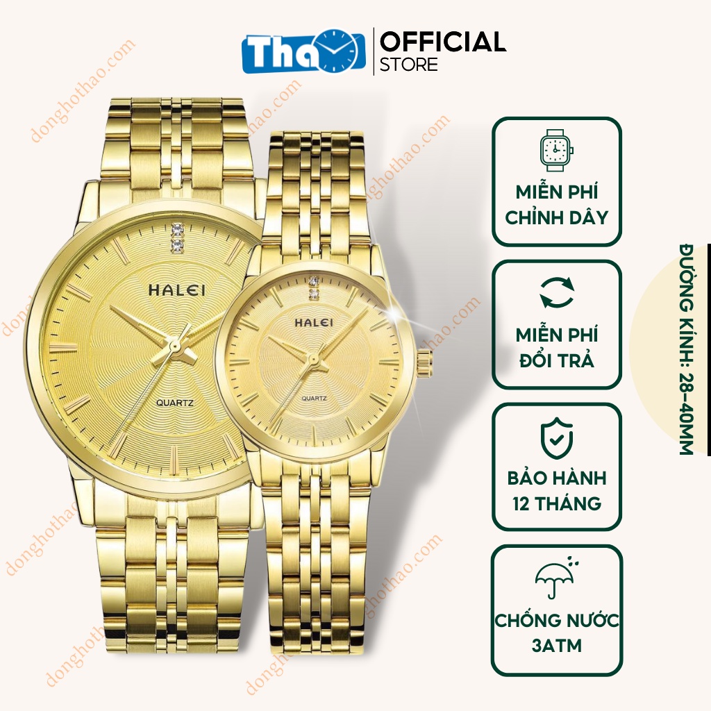 Đồng Hồ Cặp Đôi Nam Nữ Halei 552 Dây Vàng Mặt Vàng Đơn Giản Lịch Sự