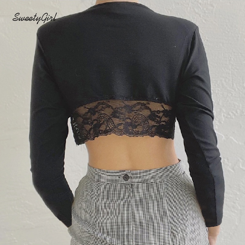 Áo Croptop Tay Dài Cổ Chữ V Màu Trơn Cài Nút Viền Ren Thời Trang Đường Phố Cho Nữ