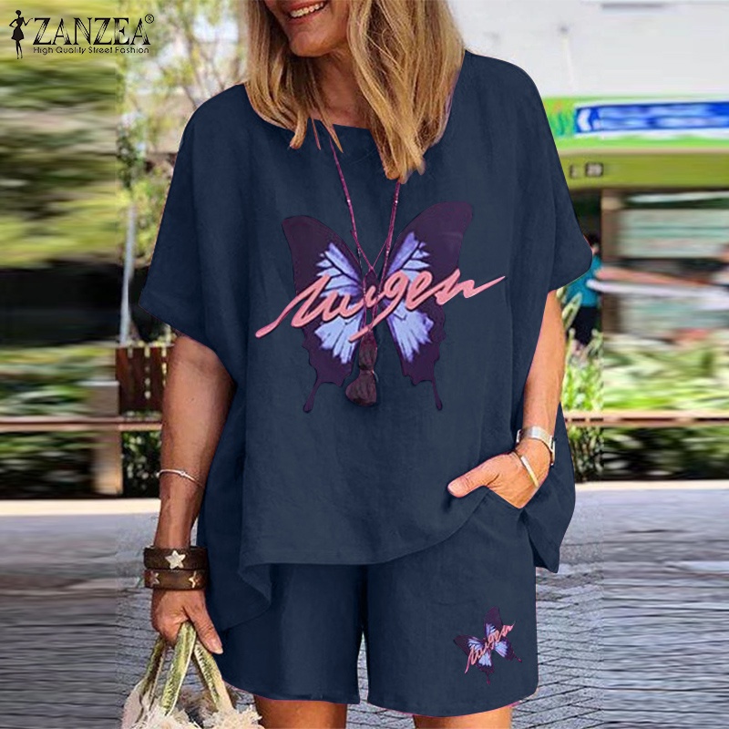 Set đồ hai món ZANZEA gồm áo thun tay ngắn kèm quần short chất liệu cotton thời trang cho nữ
