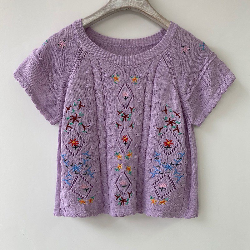 Áo Thun Dệt Kim Cổ Tròn Thêu Họa Tiết Xinh Xắn Kiểu Hàn Quốc Cho Nữ