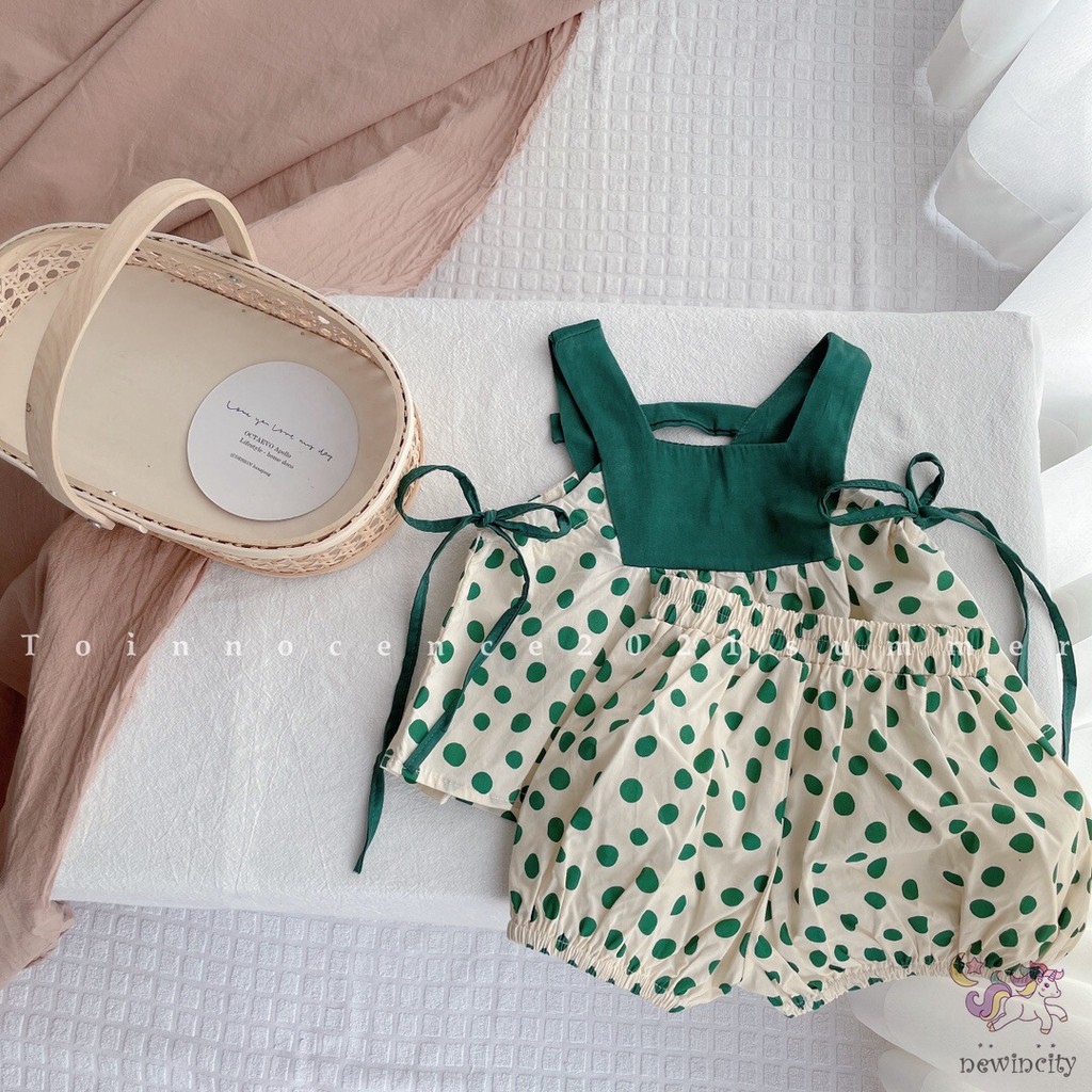 Bộ Áo Hai Dây Chấm Bi + Quần Short Thời Trang Mùa Hè Hàn Quốc Dành Cho Bé Gái
