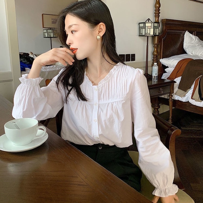 Áo sơmi cổ tròn dài tay phong cách cổ điển xuân hè