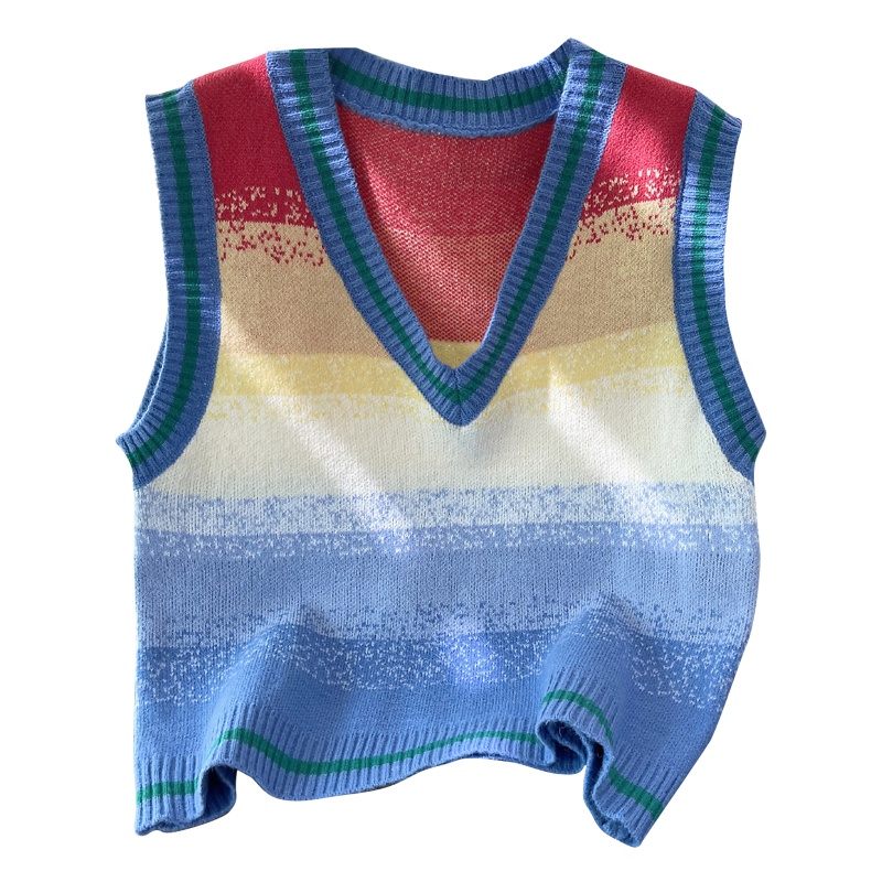 Áo Sweater Dệt Kim Sát Nách Dáng Rộng Kẻ Sọc Màu Cầu Vồng Dễ Phối Đồ Thời Trang Mùa