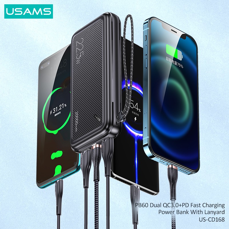 Pin Sạc Dự Phòng Sạc Nhanh USAMS 20000mAh PD 22.5W QC 3.0 kèm dây đeo Cho 1Phone15 iPd Android 1phone6-14 Máy Tính Bảng