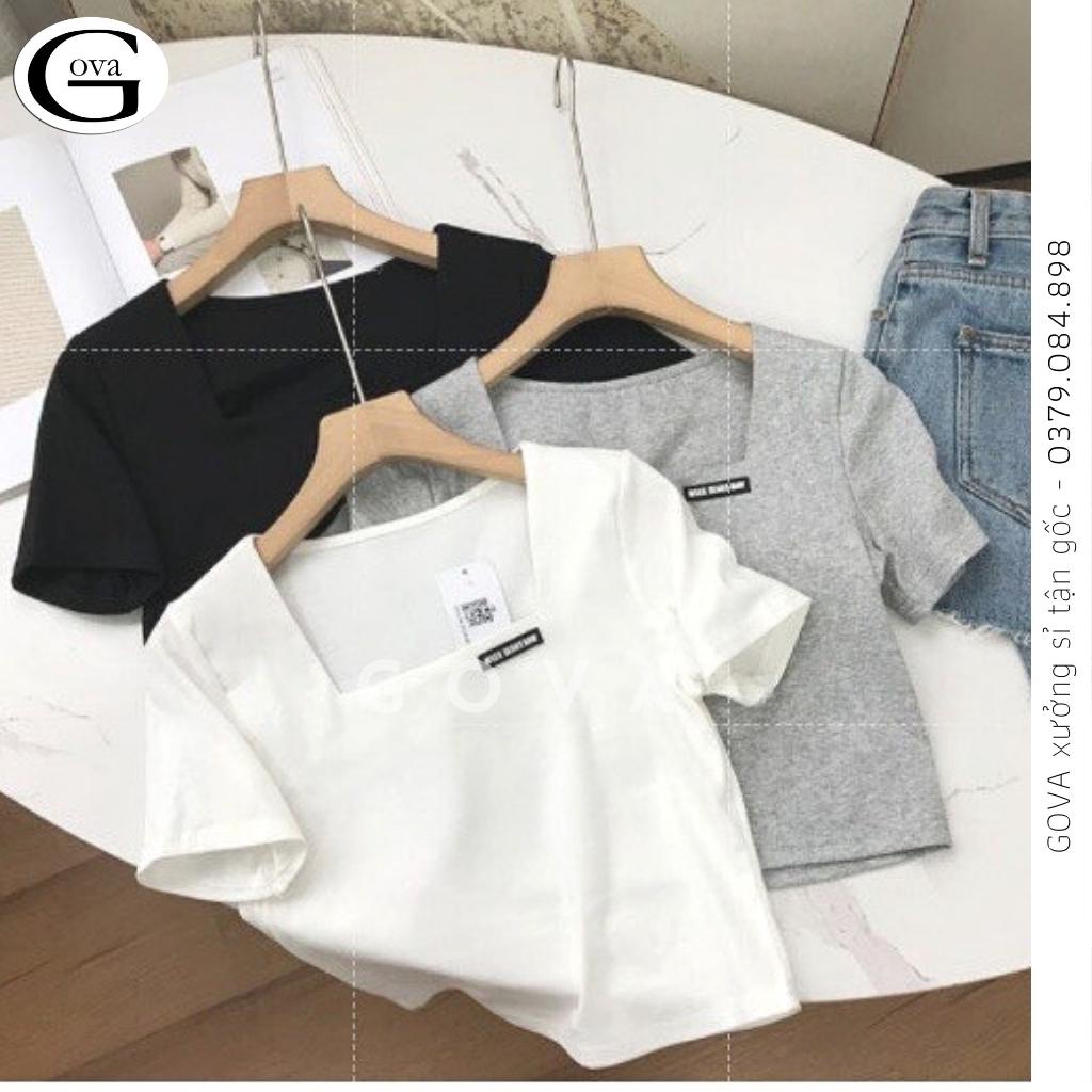 Áo Croptop GẮN LOGO CỔ VUÔNG Thun Gân Kiểu Sexy Nữ, Áo Thun Ôm Body Đẹp GOVA