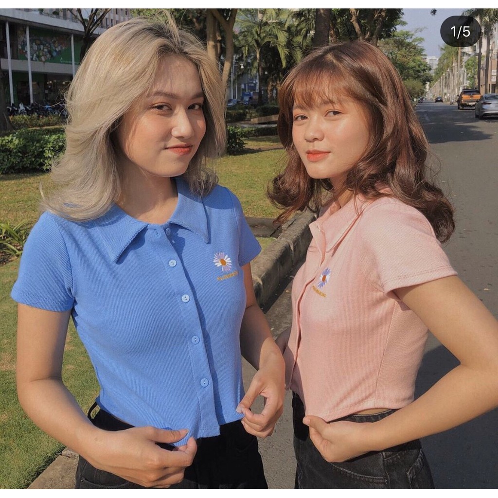 Áo croptop cổ bẻ thêu cúc họa mi siêu hot