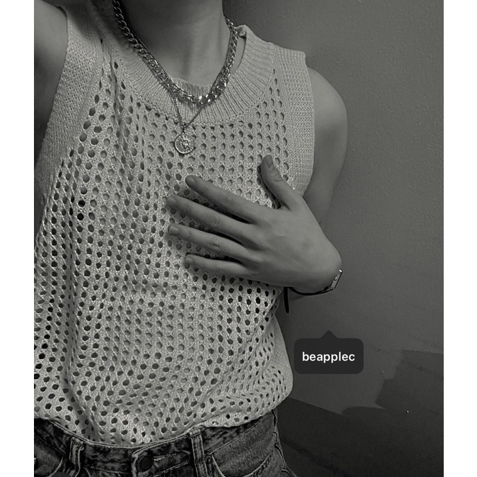 Áo đan móc lưới màu begie siêu xinh  chất liệu mềm nhẹ dễ mix match korea