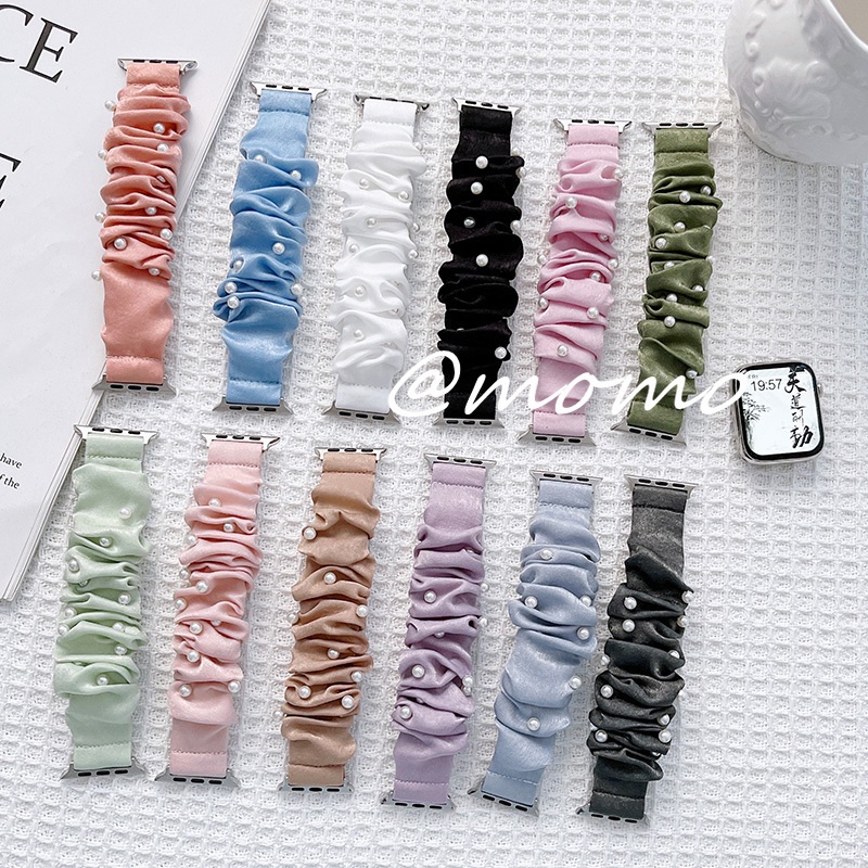 Dây Đeo Đồng Hồ Dạng Vải Co Giãn Đính Ngọc Trai Cho Apple Watch Serise 7 6 5 4 3 2 1 AP 45mm 41mm 40mm 44mm