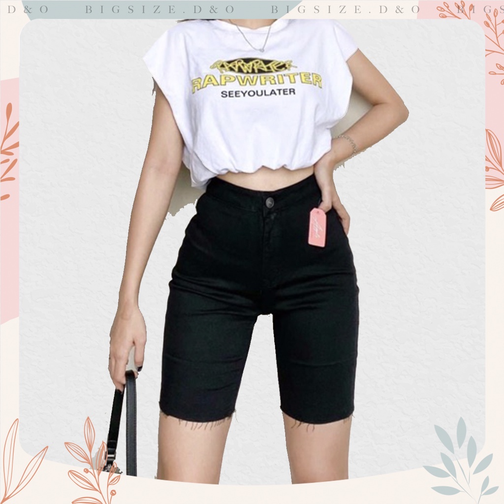 [Bigsize 58-90kg] Quần Lửng Jeans Đen Trơn, Lưng Siêu Cao, Co Giãn Mạnh
