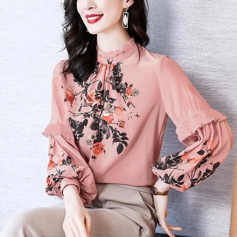 Áo Sơ Mi Lụa Mỏng Tay Phồng In Họa Tiết Hoa Dễ Phối Đồ Dành Cho Nữ