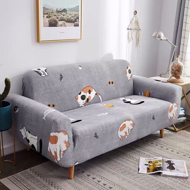 BỌC GHẾ SOFA hoạ tiết mèo xám đáng yêu trang trí nhà cửa