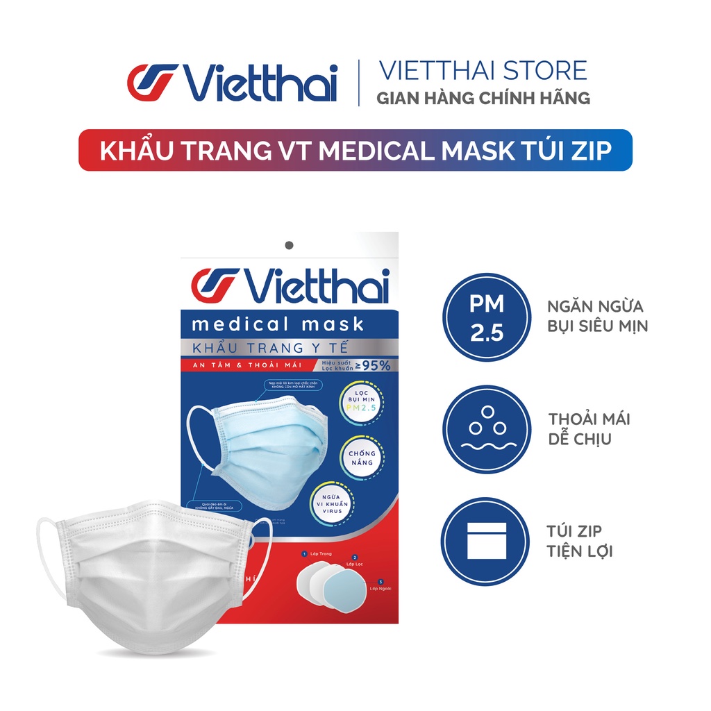 Khẩu trang y tế VT Medical Mask kháng khuẩn và bụi siêu mịn 95% - Chính hãng Vietthai - Túi 10 chiếc