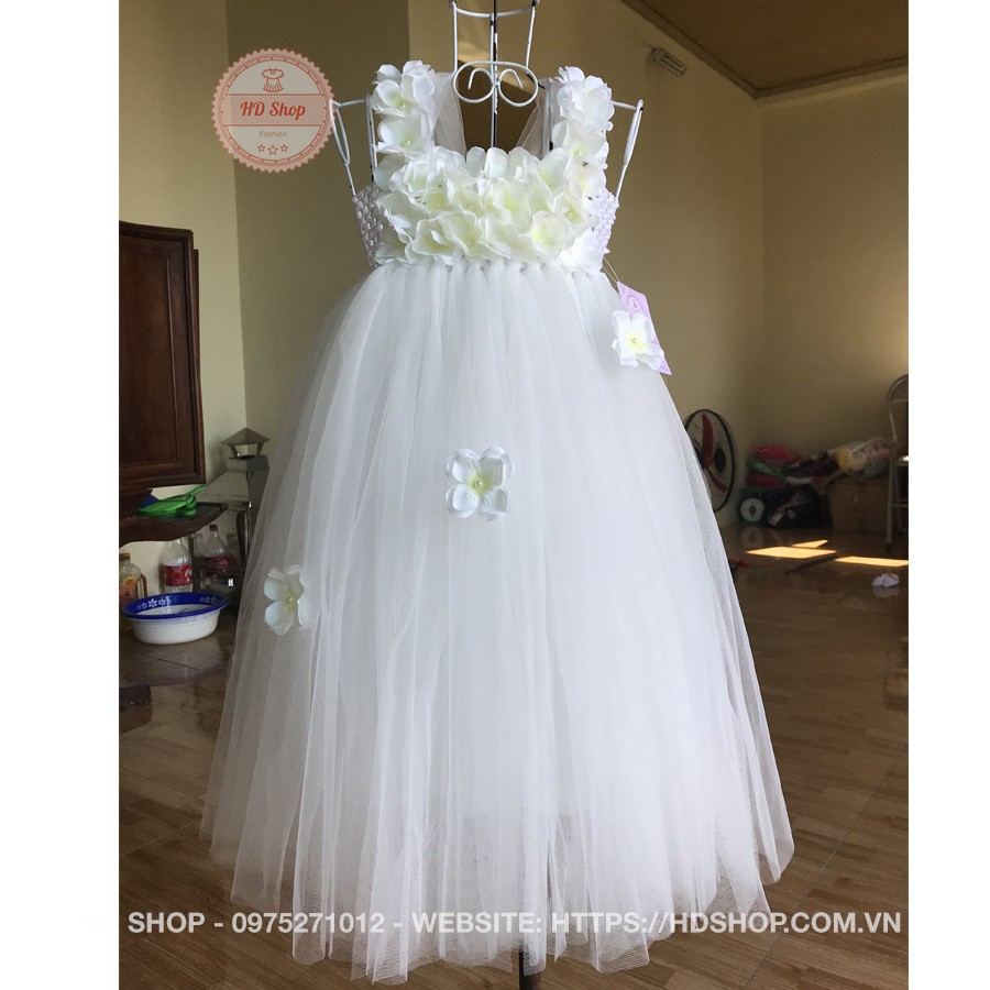 Váy phù dâu cho bé gái ❤️FREESHIP❤️ Váy phù dâu trắng tú cầu 2 lớp cho bé